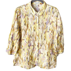 Coldwater Creek Button Down Women's Large 100% Linen Geometric Western Aztec